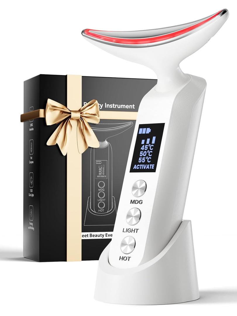 Face Massager Portable Charging Dock, Red Light Therapy for Face and Neck, 3 Heat Settings, Vibrating Face Massage, 9-Color & 30-Day Battery | Home Spa Travel Skincare - White