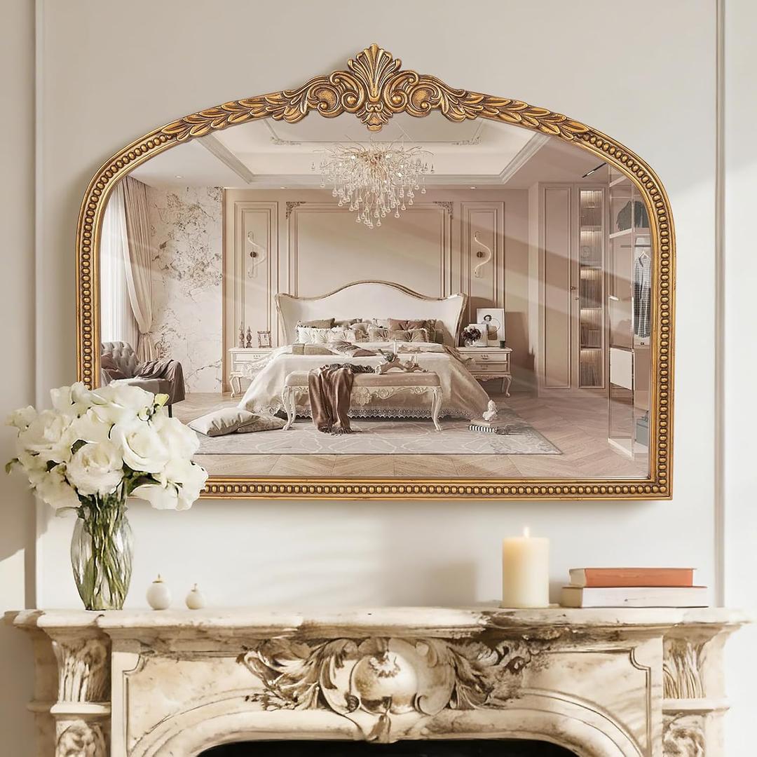 Farmhouse Wide Arched Mirror - 32x42 Inches Antique Gold Baroque Wooden Mirrors, Vintage Ornate Beaded Decorative Mirror for Living Room, Mantel