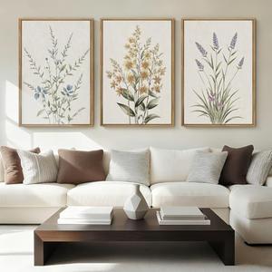 Anyzal Large Framed Botanical Wall Art 16x24 Inch Modern Floral Canvas Art Prints Neutral Beige Wildflower Wall Decor for Living Room Bedroom Dining Room Office Set of 3