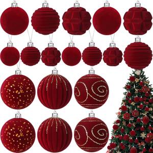 Suzile 18 Pcs Velvet Christmas Tree Ornaments Flocked Christmas Ball Decorations Xmas Balls Hanging Ornaments for Xmas Tree Wreath Garland Holiday Fireplace Decoration (Burgundy) (Red)