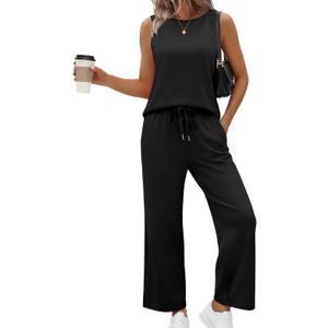 SAMPEEL Two Piece Sets for Women Summer Outfits Beach Vacation Clothes Wide Leg Crop Pants (Medium, Black)