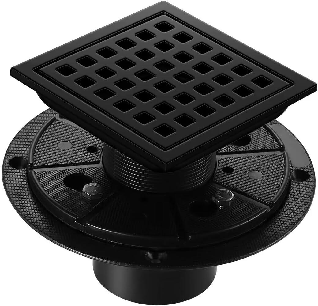 Shower Drain, Matte Black 4 inch Square Shower Floor Drain with Flange, Removeable Grid Panel SUS 304 Stainless Steel Square Shower Drain