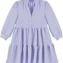 Girls 3/4 Sleeve Flowy Dresses Casual V Neck Texture A Line Layered Sundress for Kids with Pockets Size 5-14 L