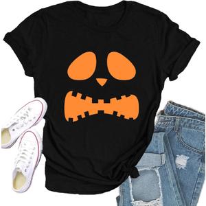 Halloween Shirts for Women Halloween Pumpkin T-Shirt Jack-o'-Lantern Face Tee Tops (Medium, Black)