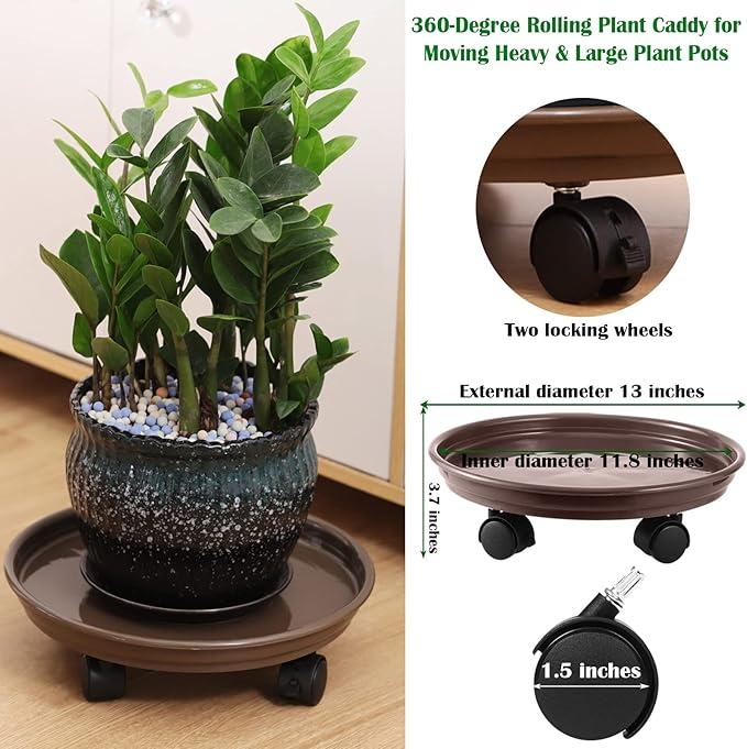 4 Packs Plant Caddy with Wheels 12" Plastic Rolling Stands Heavy-Duty Dolly with Casters Indoor Outdoor Coaster, Brown