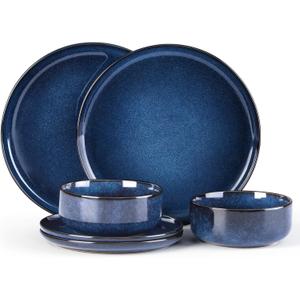 E-far Dinnerware Sets for 2, 6-Piece Stoneware Plates and Bowls Set, Ceramic Dishes Reactive Glaze Dinning Ware, Microwave & Dishwasher Safe - Deep Sea Blue