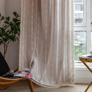 Linen Curtains 108 Inches Long for Living Room 2 Panels Set, Embroidery Farmhouse Tassel Boho for Bedroom Light Filtering Window Rod Pocket Drapes (52" W x 108" L, Khaki)