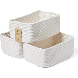 MiniArk Small Storage Baskets for Organizing | Closet Organizer Bins | Shelf Toy Basket | Woven Rope Baskets | Cube Decorative Box | Shallow Basket | 13x8.5x5.1 | 3 Packs Off White