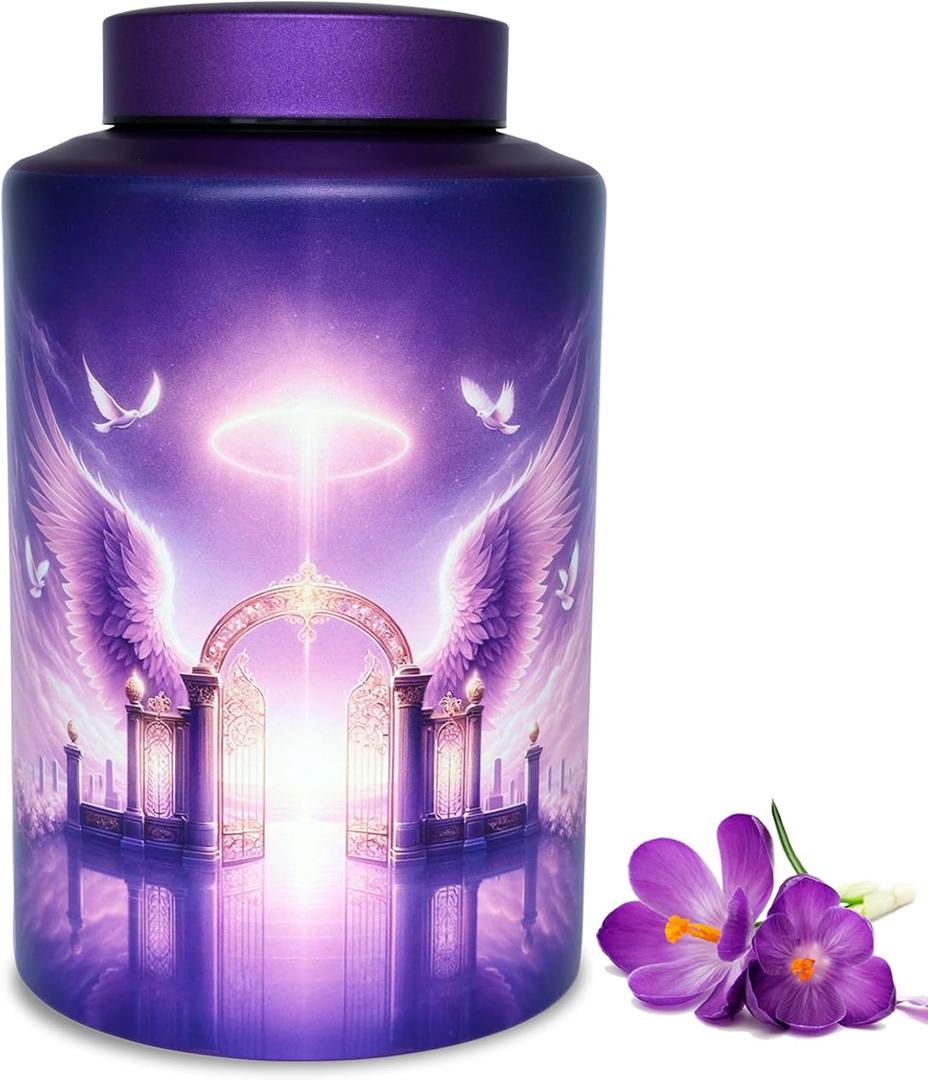 Large Cremation Urn for Adult Female Male Ashes, Decorative Funeral Purple Keepsake Urns for Human Women Man Dad Mom Remains with Velvet Bag(Gate of Heaven) (Large 220 lbs)