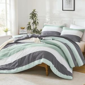 Litanika Oversized King Comforter Set Sage Green 120x98-3 Pieces Lightweight Green White Colorblock Stripe Fluffy Bedding Comforter Sets, All Season Bed Set