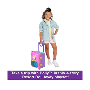 Polly Pocket Dolls, Playset and Travel Toys, 4 Dolls, 1 Vehicle, 25+ Accessories, Resort Roll Away