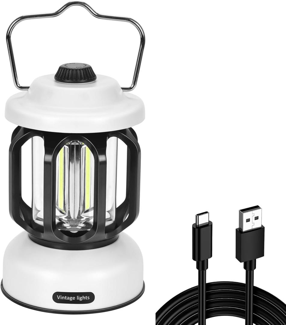 Camping Lantern Rechargeable, 360 Brightness Dimmable Retro Camping Light, Hanging Vintage Camping Lamp Outdoor Tent Light for Power Outage, Hurricane, Emergency, 3A Battery Included, White