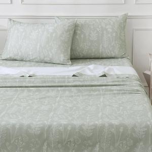 100% Natural Cotton Percale Sheets Set,Queen Size 4 PC, Breathable&Durable Hotel Quality Bedding, 16" Deep Pocket Botanical Floral Bedsheets,Sage Green