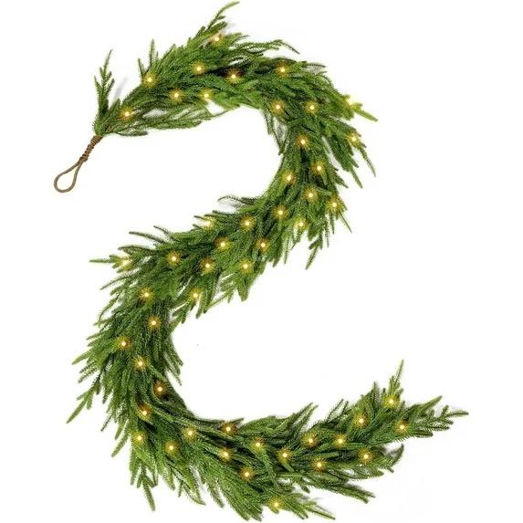 6ft Pre-lit Real Touch Norfolk Pine Prelit Christmas Garland, Winter Greenery Garland for Christmas, Holiday Seasonal Outdoor/Indoor Home Decor