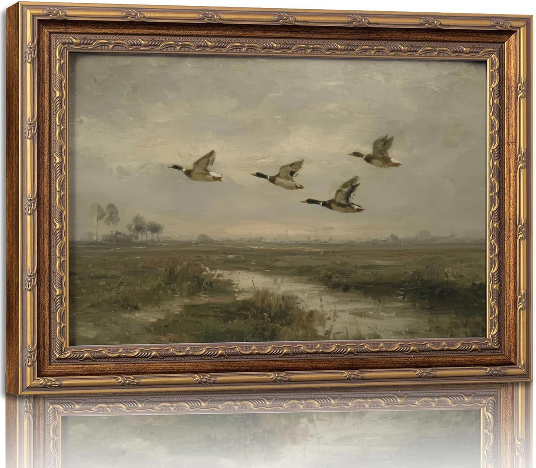 Vintage Gold Framed Flying Duck Wall Art Mallard Duck Canvas Wall Decor Rustic Mallard Poster Artwork Retro Rustic Farmhouse Animal Picture for Home Living Bedroom Farmhouse Hallway 9x11in