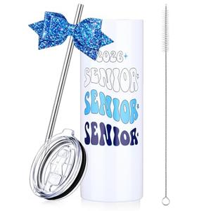 Hushee Class of 2026 Senior Night Gift 20 oz Graduation Tumbler Stainless Steel Insulated Travel Mug and Lid with Straws, Bow Senior 2026 Tumbler Graduation Gift for Her Women Team Coach(Blue)