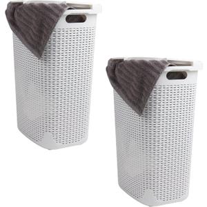Mind Reader Slim Laundry Hamper with Lid, 60L Tall Clothes Basket, Narrow Tapered Design for Bathrooms, Closets and Laundry Rooms, Plastic, 2 Pack, White