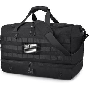 MOZETO Black Duffle Bag for Men, 45L Carry On 22x14x9 Travel Duffle with Shoe Compartment Tactical Inspired Heavy Duty GYM Overnight Bag Wet-Dry Separated Compartment
