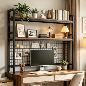 Desktop Bookshelf with Pegboard, 2-Tier Desk Hutch Storage Organizer Rack, Metal Frame & Wood Board, for 27-inch Monitor, Home Office & Dorm，Black,45.3" W