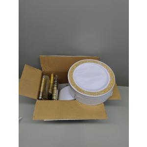 WDF 100pcs Gold Dessert Plates 7.5" with 100 Pieces Disposable Forks 7.4", Lace Design Fancy Appetizer Small Salad and Cake Plates for Thanksgiving Party/Weeding