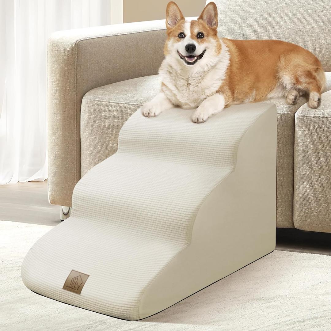 Mestuel Dog Stairs for Small Dogs, Pet Stairs Steps for Couch Sofa Bed, 3-Tiers Dog Stairs Ramp Ladder to Sofa Bed, Pet Stairs Steps for Old Injured Dogs Cats, Non Slip Bottom, Beige