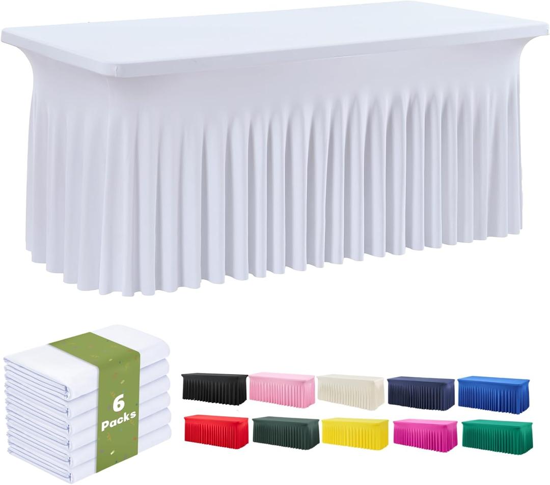 leegleri 6 Pack White Spandex Table Clothes for 6 Foot Rectangle Tables, Wrinkle Free 6ft FittedTable Cover, Spandex Table Skirt for 6FT Rectangle Tables-for Banquet Weddings Parties