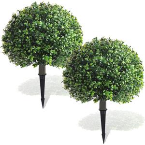 Yunlly 2 Pack 18" Artificial Boxwood Ball Bush Topiary Trees Fake Outdoor Plants, Realistic UV Resistance Faux Shrubs with Spike Greenery Topiary for Front Porch Garden Yard Patio Indoor (Green)