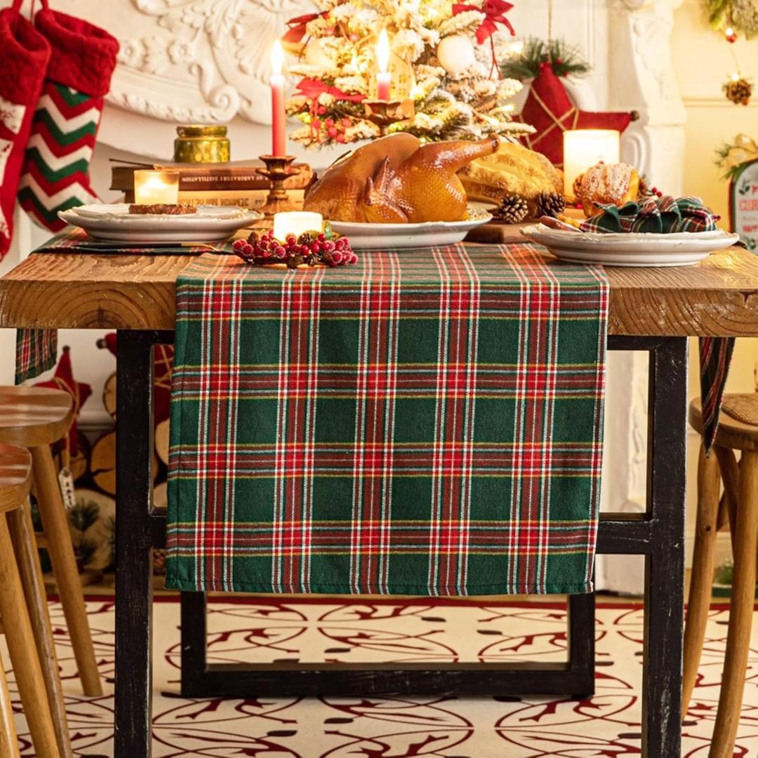 Green Red Plaid Christmas Table Runner, Winter Holiday Table Runners 108 inches Long Xmas Decorations Indoor Outdoor Farmhouse Home Kitchen Dining Party Decor (13x107")