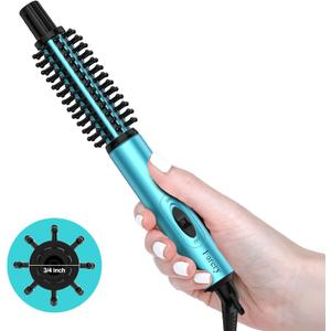 Mini Thermal Brush, Curling Iron 3/4 Inch, Heated Round Brush for Volumizing and Small Curls, Travel Size Curling Iron for Short & Thin Hair, Dual Voltage, One Heat 392F, Blue