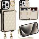 Case for iPhone 15 Pro Max 6.7'' Wallet Case, Crossbody Zipper Purse Handbag Wristlet for Women, RFID Blocking Card Holders, 360 Ring Kickstand Flip Leather Cover for iPhone 15 Pro Max, Beige