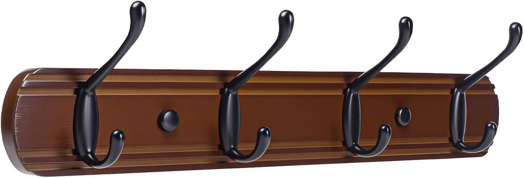 Coat Hooks Wall Mount, Wood Bamboo Wall Coat Rack with 4 Metal Hooks for Hanging Clothes, Towels, Keys, Bags (Brown&Black)