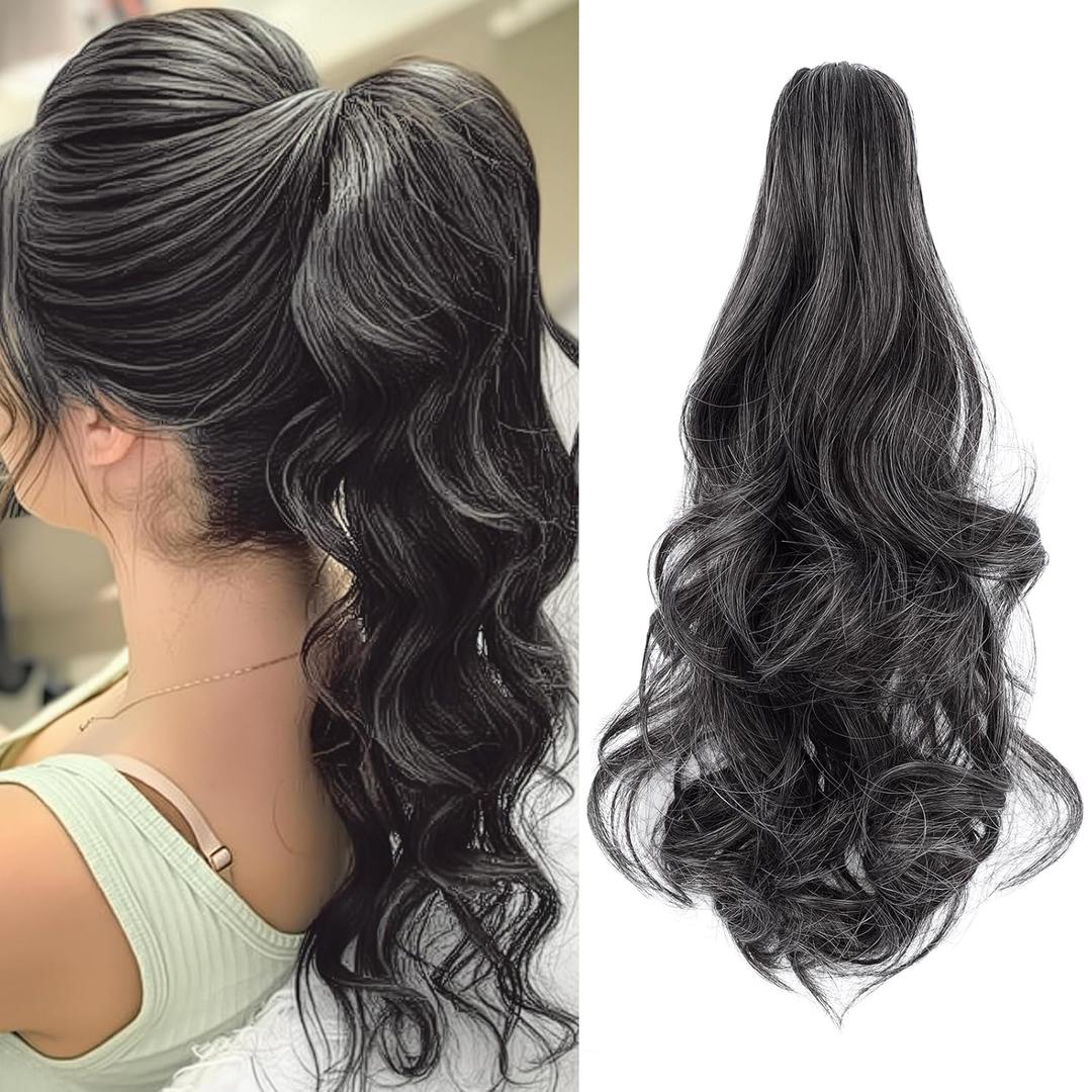 Felendy Ponytail Extension Claw 18" 20" Curly Wavy Straight Clip in Hairpiece One Piece A Jaw Long Pony Tails for Women Dark Brown Mix White