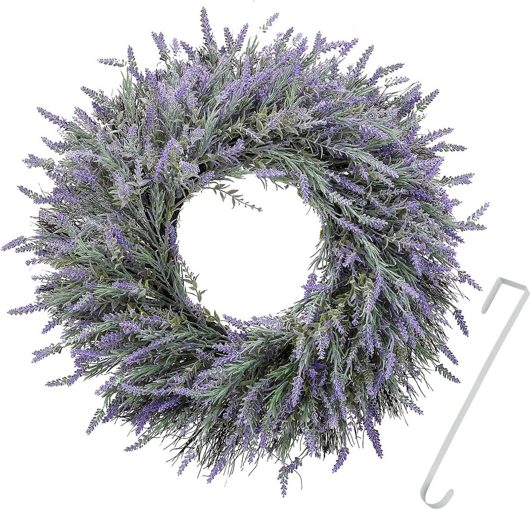 24" Wreaths, Spring Wreaths, Artificial Lavender Wreath for Front Door, with Welcome Sign Wreath Hanger, for Spring, Summer, Autumn,Winter, Indoors,Outdoors, corridors, Offices. (Purple)