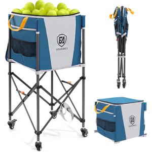 EVER ADVANCED 150 Tennis Capacity Ball Hopper Rolling Ball Cart with Side Pockets, 16.2 x 16.2in Folding Pickleball Basket with Wheels, Sports Equipment Organizer for Baseball Training/Practice, Blue