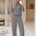 AOHITE Womens 2 Piece Outfits Lounge Sets Short Sleeve Pullover Tops Elastic Wide Leg Pants Set Sweatsuits Tracksuit (Brown, M)