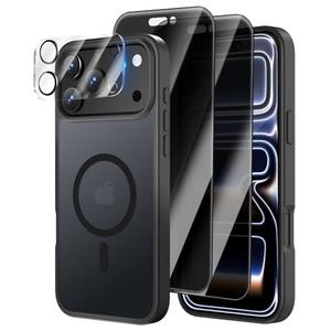 [3 in 1] Magnetic for iPhone 17 Pro Case, Pics Privacy Screen Protectors and 1 Pic Camera Protector, Fit for MagSafe, Military Grade Shockproof Translucent Matte 17 Pro Cover 6.3" (Black)