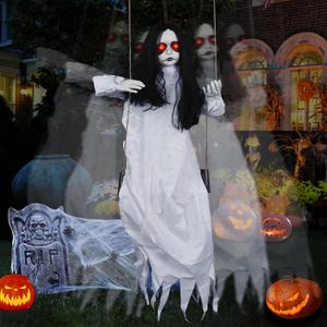 3.9 Ft Halloween Decorations Animatronics Hanging Swinging Girl with Creepy Sound/Light Up Eyes/Scary Expression, Creepy Doll Hanging Ghosts Haunted House Holiday Decor Prop for Indoor Outdoor (White Skirt)