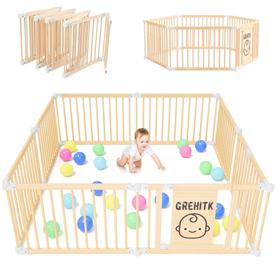 Wooden Baby Playpen, Foldable Large Fence and Play Yard for Toddlers, Adjustable Shape & Size, Safety Gate With Locking Door, Kids Activity Center
