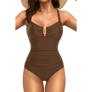 Daci Women Tummy Control One Piece Swimsuit - Ruched Bathing Suit Full Coverage Slimming V Wired Swimwear 2025 (Large, Brown)