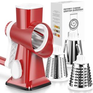 KEOUKE Rotary Cheese Grater Hand Crank Cheese Shredder Vegetable Mandoline Slicer for Kitchen 3 Changeable Blades for Cheese Potato Zucchini Nuts Chocolate - RedWhite