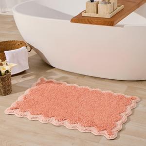 ORTIGIA Cute Coral Pink Scalloped Bath Mat, Fun Plush Microfiber Scallop Bathroom Rugs Non Slip Washable Quick Dry Absorbent, Bath Rug Carpet for Shower Stall Vanities Kitchen Floor Entrance, 20x32, 1'8" x 2'8"
