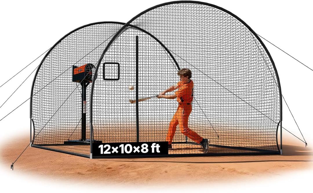 VEVOR Baseball Batting Cage, 12.0 x 10.2 x 7.6 FT Freestanding Portable Batting Cage, Hitting Cages with 4-Ply Knotless Polyester & Pitching Machine Opening, Battings Cages Netting for Indoor Outdoor