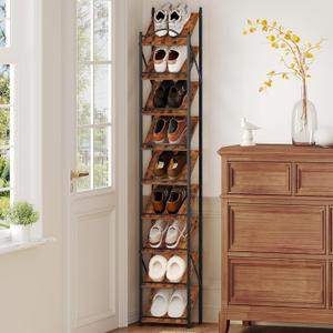 Vertical Shoe Rack, 9 Tier Narrow Shoe Shelves, Wooden Shoe Shelf, Shoe Tower for Closet, Entryway, Freestanding Dual Mode Adjustable Shoes Organizer Behind Doors, Rustic Brown, SR28901B