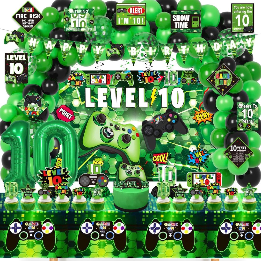 10th Birthday Decorations for Boys, 148Pcs Green Video Game level 10 Party Supplies for Boy 10th Birthday - Backdrop, Banner, Balloons, Tablecloth, Centerpieces, Hanging Swirls, Wall Signs