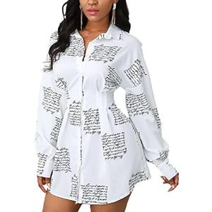 Shirt Dresses for Women Sexy Tops Button Down Shirts Dress Colorful Collar Blouses Long Sleeve Floral Print Loose T-Shirt, 3XL