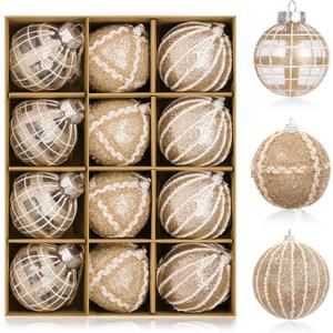Christmas Ornaments Set 12PCS Rustic Farmhouse Neutral Christmas Ornaments, 3.15" Shatterproof Large Balls Hanging for Xmas Tree, Party Holiday (Champagne White)