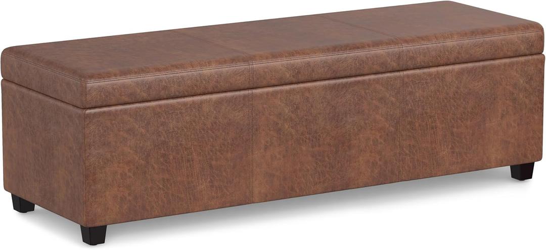 SIMPLIHOME Avalon 54 Inch Wide Contemporary Rectangle Extra Large Storage Ottoman Bench in Distressed Saddle Brown Vegan Faux Leather, Assembled, For the Living Room, Entryway and Family Room
