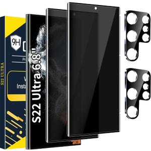 [2+2 Pack] Galaxy S22 Ultra Privacy Screen Protector, 9H Tempered Glass, Ultrasonic Fingerprint Support, 3D Curved, HD Clear Anti-Spy Film for Samsung S22 Ultra 5G Glass Screen Protector