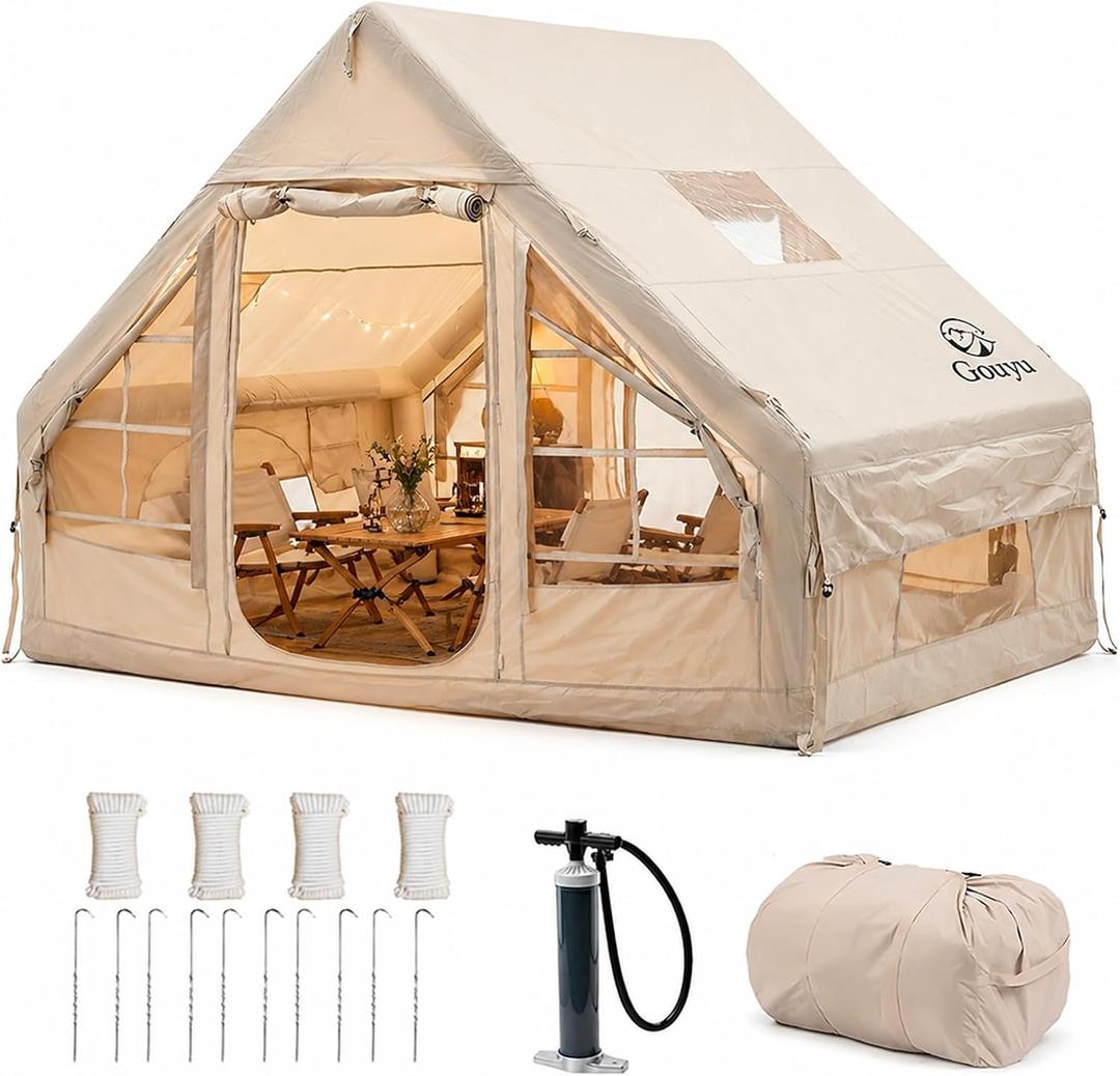 4-6 Person Inflatable Camping Tent, Panoramic PVC Skylight & Privacy Cover, 420D Oxford Waterproof UPF30+, PVC Air Beams, Mesh Ventilation, 5-Min Quick Setup Blow Up Tent for Family
