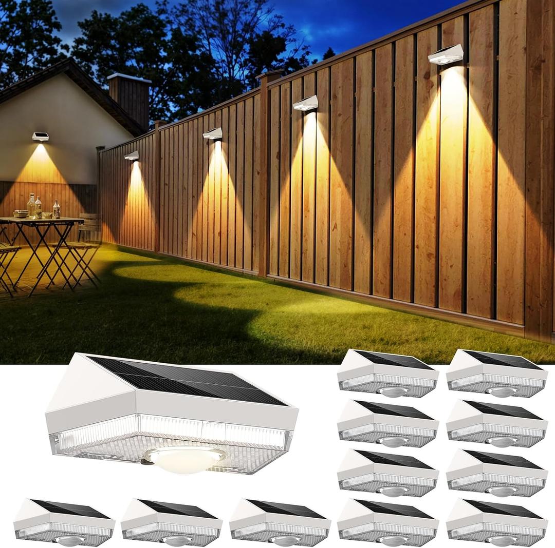 Solar Fence Lights,Warm White & Cool White & RGB 7Colors  Color Changing Mode IP65 Waterproof Solar Lights Outdoor for Deck/Patio/Backyard/Wall/Pool/Fence/Railing/Step -White Shell (12Pack)